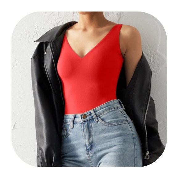 SUUKSESS L red v-neck buttery soft bodysuit - Picture 1 of 9